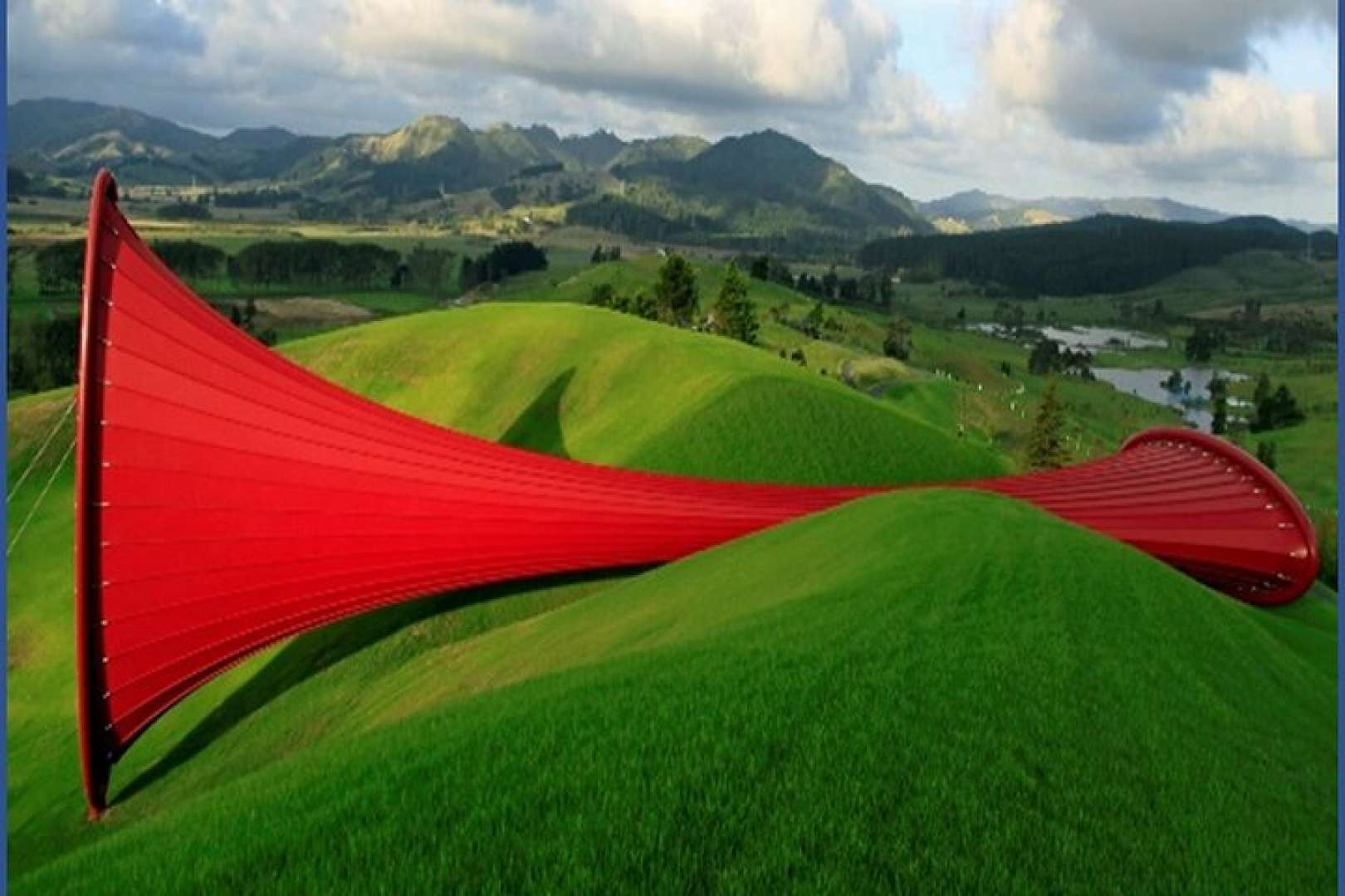 Scenic view of Gibbs Farm Sculpture Park with sculptures and greenery