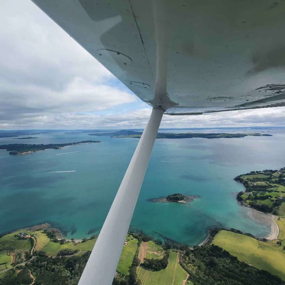 A beautiful bird’s-eye view of Waiheke Island surrounded by blue ocean